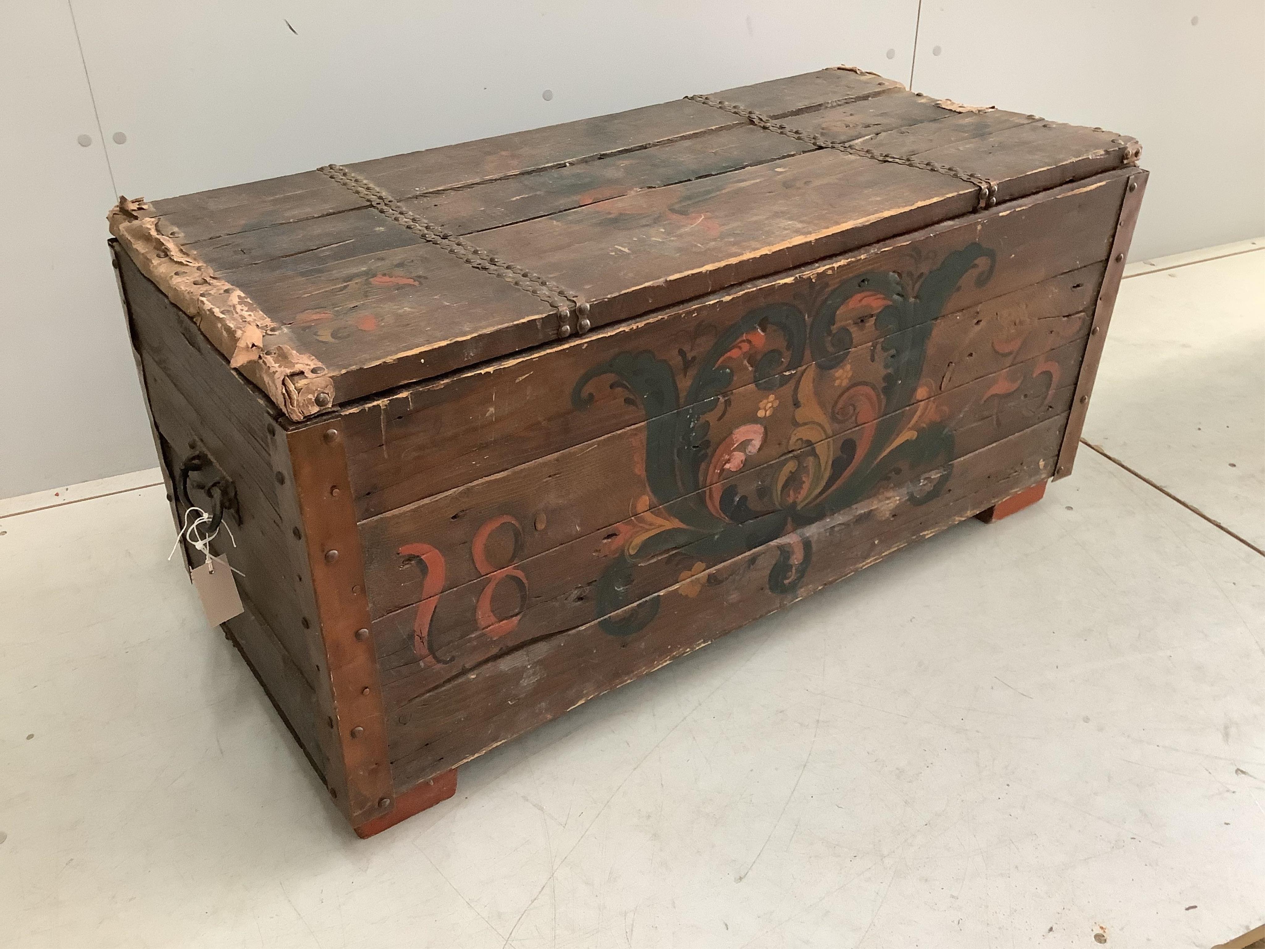 A Dutch painted wood trunk, width 100cm, depth 49cm, height 50cm